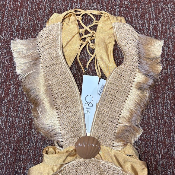 NWT PatBo Fringe plunging mini dress in Almond Womens 4 - Picture 4 of 12